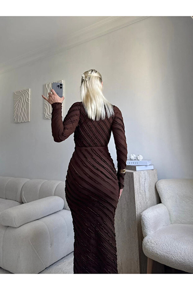 V Yaka Ters Dikiş Elbise - KAHVE - 5