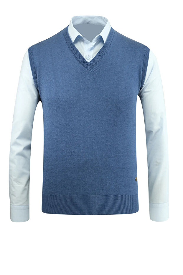 Men's V-Neck Blue Sweater Knitwear Solid Color Steel Knit Classic Fit - 5200H