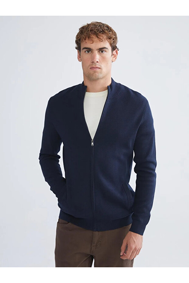 LCWAIKIKI ClassicLacivert Standart Kalıp Dik Yaka Erkek Triko Hırka - 1