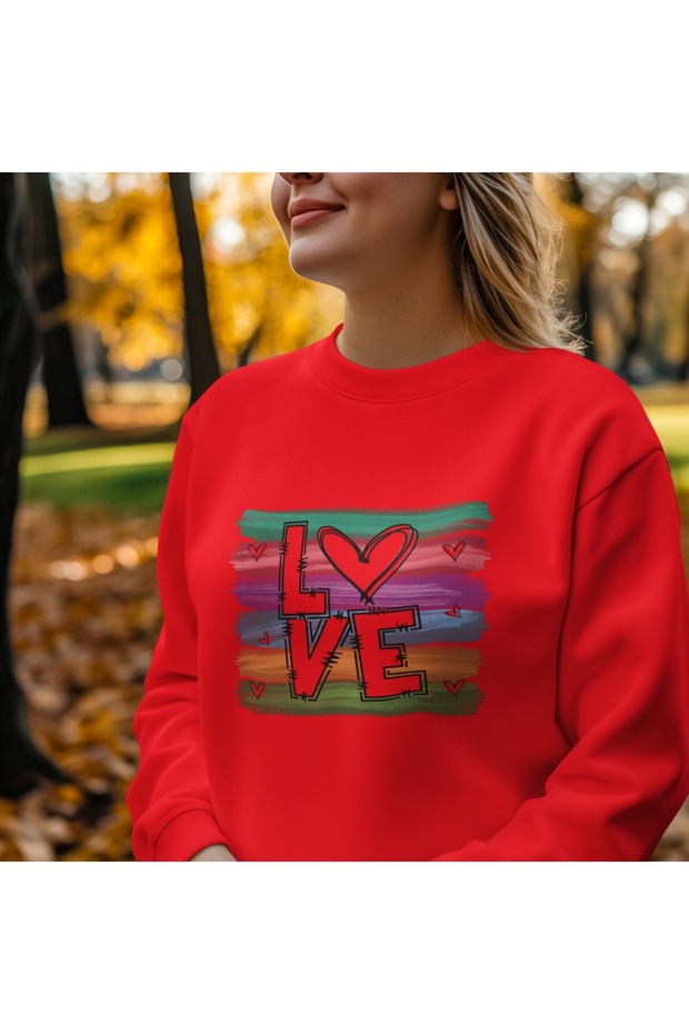 Rengarenk Love Colorful Printed Crew Neck Sweatshirt