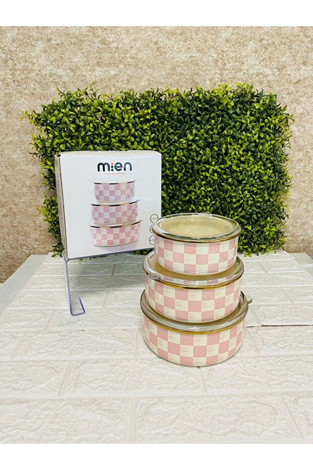 Emaye Storage Bowl 3-Piece 14-16-18cm Pink Checkerboard