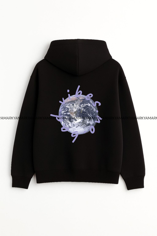 Unisex No Bad Vibes Printed Fleece Oversized Autumn/Winter Hooded Kangaroo Pocket Hoodie Sweatshirt