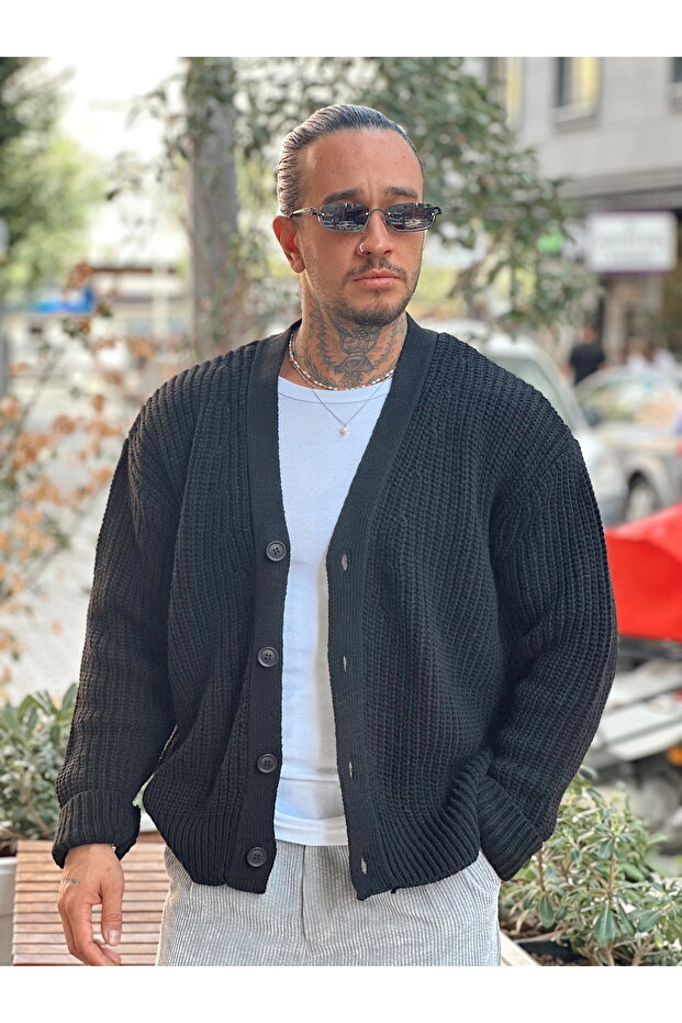 Oversize Örme Basic Hırka Siyah - 1