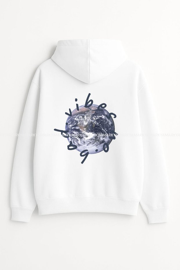 Unisex No Bad Vibes Printed Fleece Oversized Autumn/Winter Hooded Kangaroo Pocket Hoodie Sweatshirt