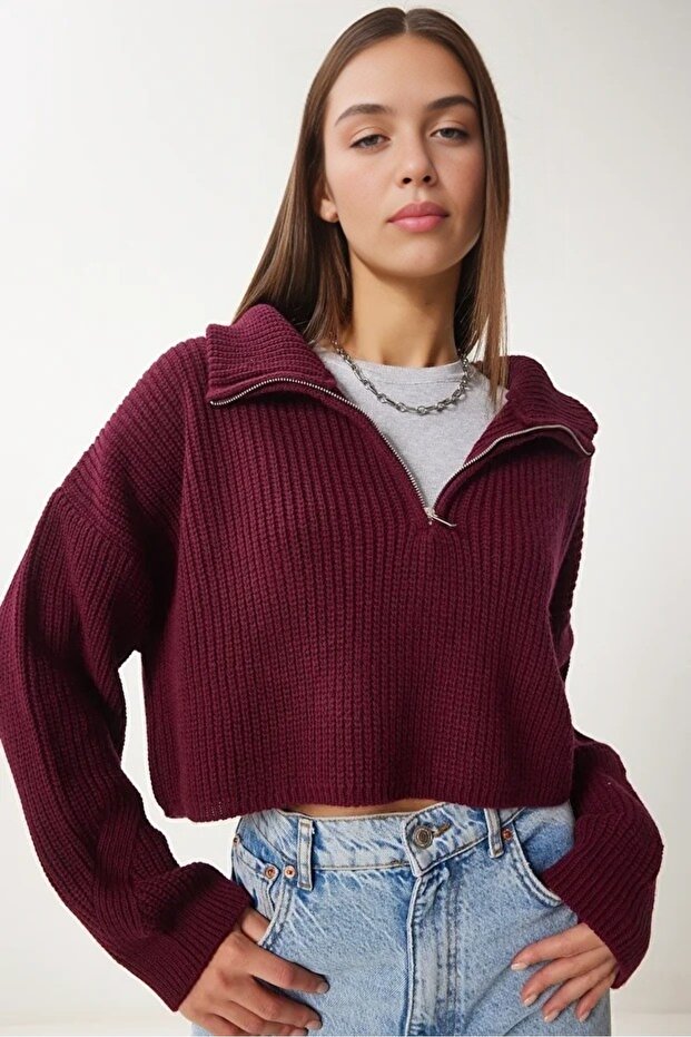 Women's Oversize Zippered Crop Knitwear Sweater Daily Use Seasonal
