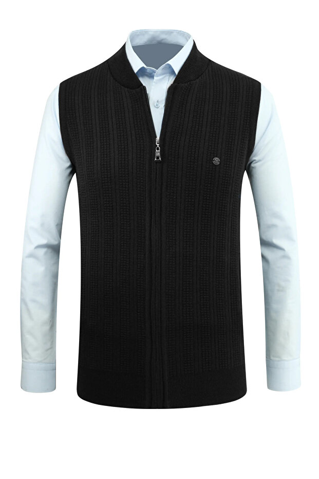 Men's Zippered Knitwear Black Vest Steel Knit Patterned Classic Fit with Pockets - 5209J