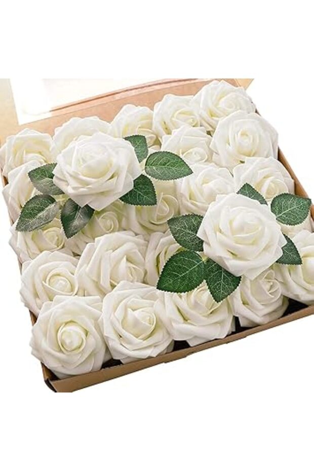 OOMYL Artificial Flowers Real Looking Ivory Foam Fake Roses with Stems for DIY Wedding Bouquets Whit