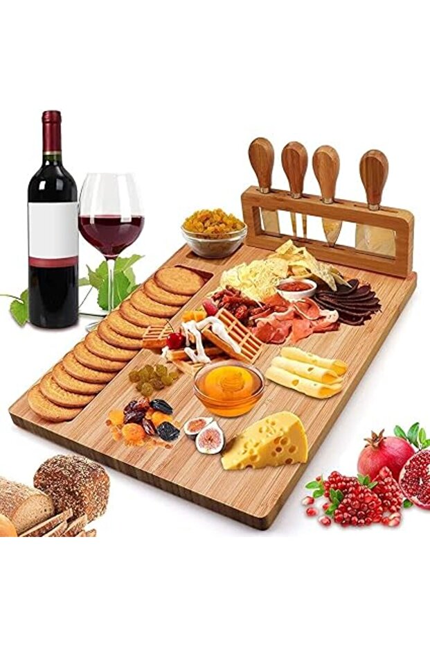 Widousy Bamboo Cheese Board Set, Charcuterie Board with 4 Stainless Steel Cheese Knives, Ideal for W