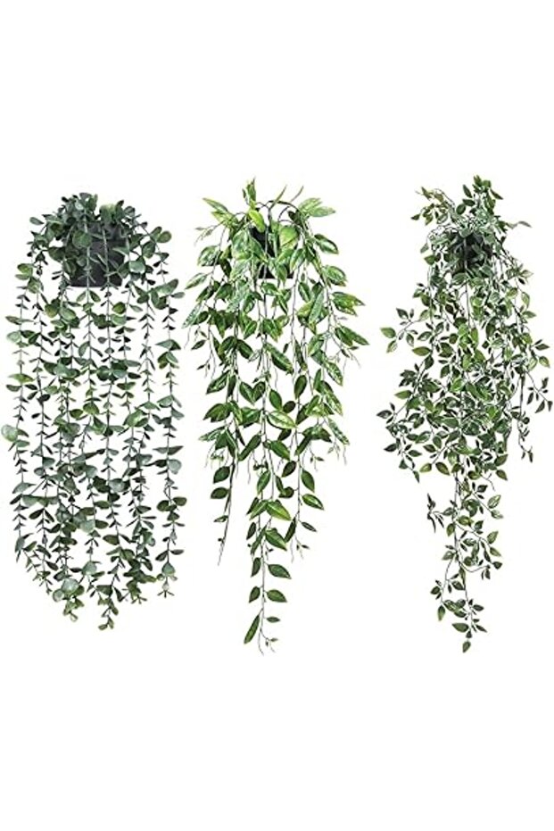 Angju Artificial Hanging Plants, 3 Pack Fake Hanging Plants Fake Potted Greenery Plants Faux Eucalyp