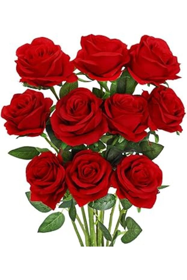 Luyue 10 Pack Artificial Red Rose Flower Fake Silk Roses with Stem Flowers Bouquet Wedding Party Hom