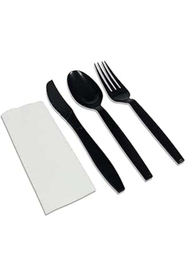 MARKQ [50 Pack] Black Plastic Cutlery Set with Napkins - Disposable Cutlery Set for Camping, Travel