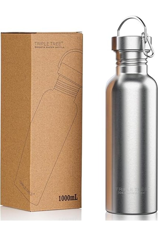 TRIPLE TREE 34 OZ Uninsulated Sports Water Bottle, 1000ML Single Walled 18/8 Food Grade Stainless St