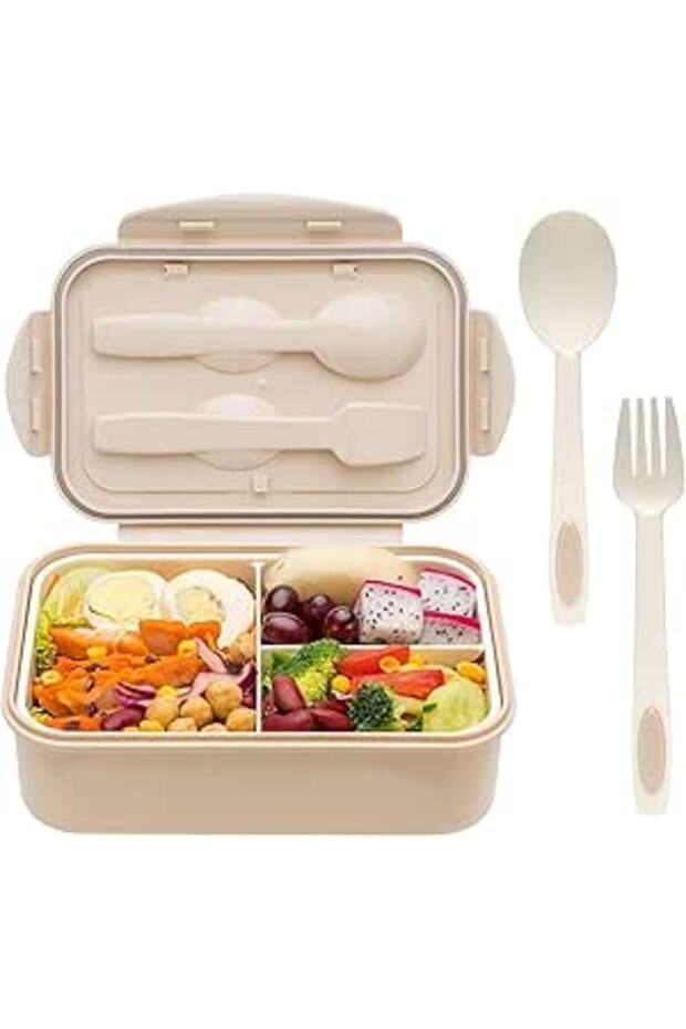MAIYIDACK Bento Lunch Box with 3 Compartments, 1400ml Capacity, Reusable Utensils, Leakproof and Mic