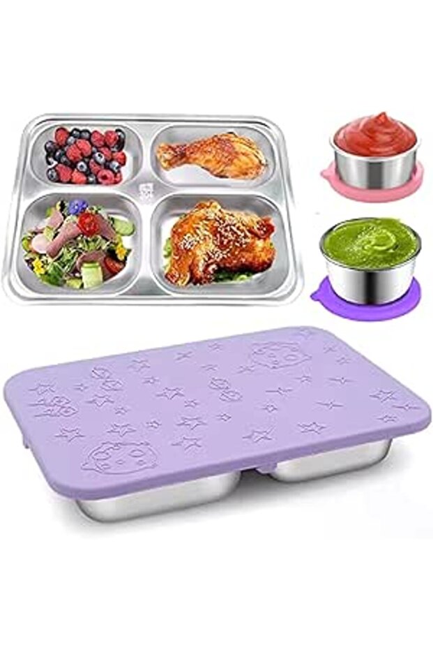 BIGTHREE 4 Compartments Lunch Box, Stainless Steel Lunch Box for Kids, Food Container, Lunch Box wit