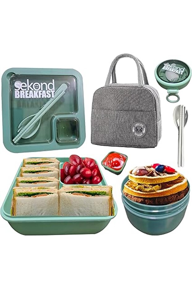 Aishini Bento Box & Cutlery, 1100ml/ 600ml with Portable Nylon Grey Insulated Bag - Reusable folded