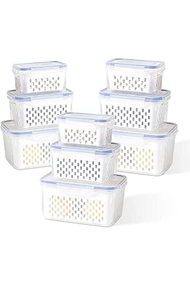 Genr 9 Pcs Fridge Organizers and Storage containers 9Pcs Kitchen Organizer Airtight with Vent Drain