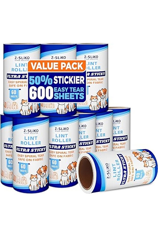 Extra Sticky Lint Roller Refills, 600 Sheets (10-Refills) – Value Pack Pet Hair Remover Rolls for