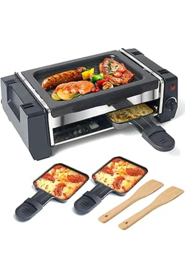 HYQNG Raclette Grill, 2 in 1 Electric Griddle Electric Indoor Grill with 2 Raclette Cheese Pans and
