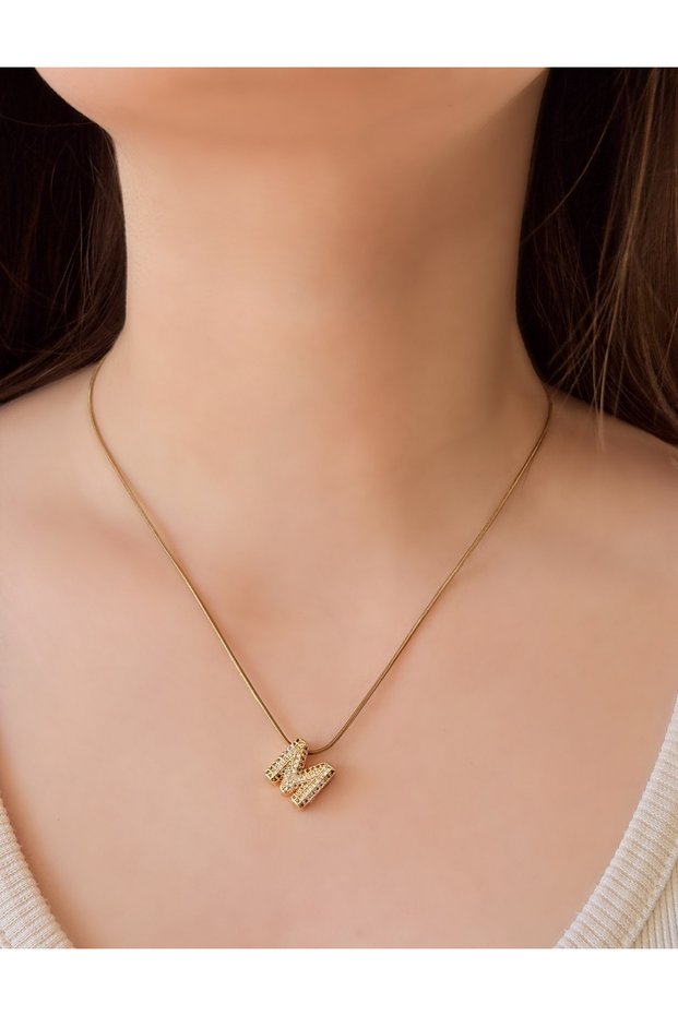 Steel Gold Stone'M' Letter Necklace
