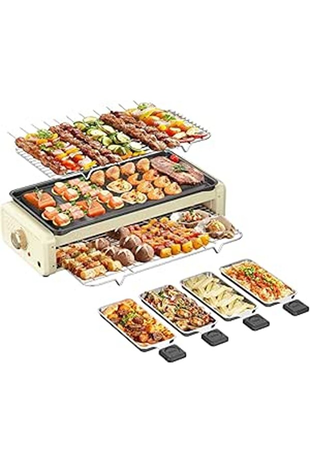 Electric Smokeless Indoor Grill, Nonstick Griddle Pan, Adjustable Temperature Control, White