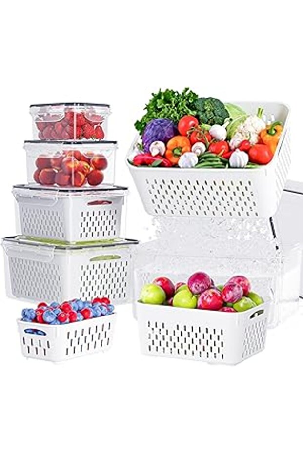 Yoawllty 5Pcs Fridge Organizers and Storage with Removable Draining Colanders and Lid,Leakproof Frid - 1