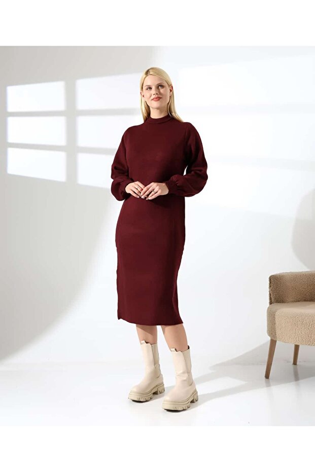 Yüksek Yaka Midi Örme Triko Elbise - 2
