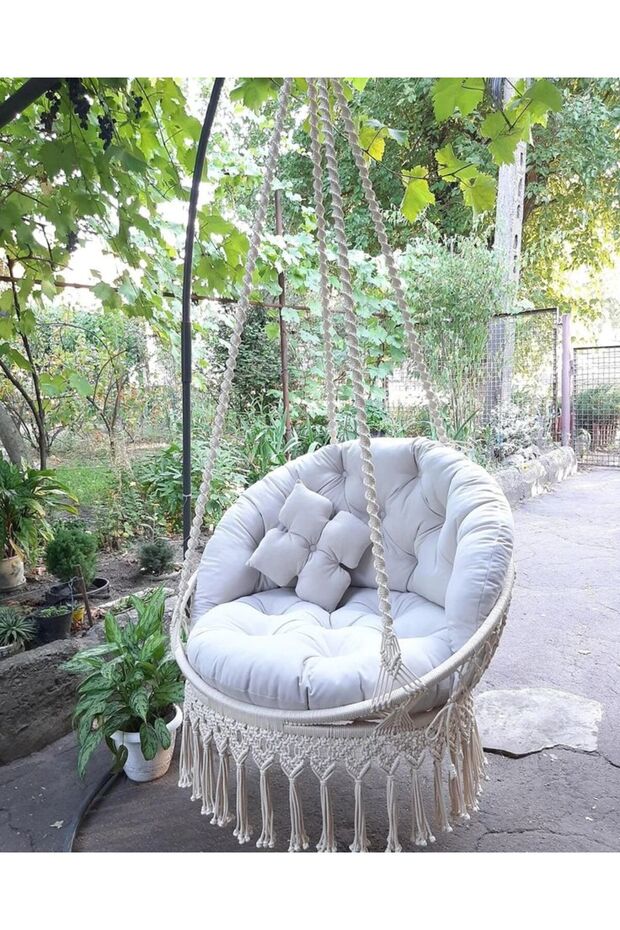 Makrome Salıncak Kelebek Modeli Minderli Tek Kişilik El Yapımı – Krem - 3