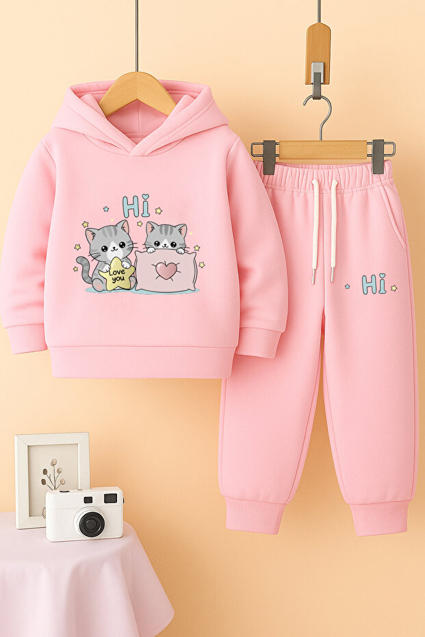 Cute Cat Printed Kids Premium Compact Sweatshirt Tracksuit with Pockets - 2 Piece Sport Set