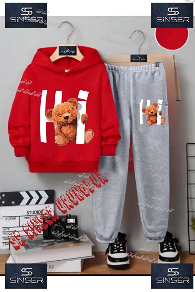 Children's Unisex Printed Hoodie and Sweatpants Set with the Text "Hi Bear in the Side Text".