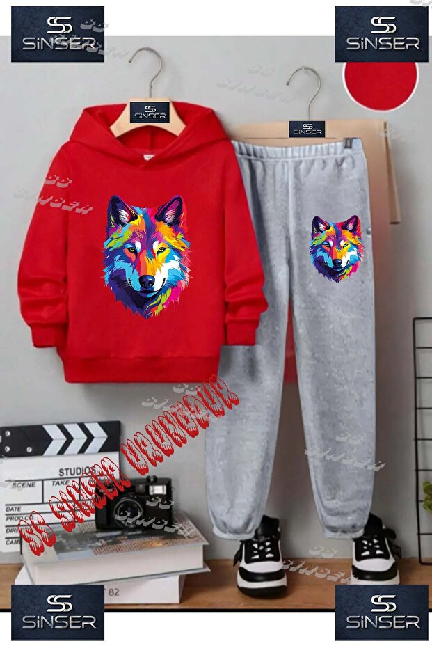 Children's Unisex Printed Hooded Tracksuit Set with the Text: "Wolf Painted Colorful Head"