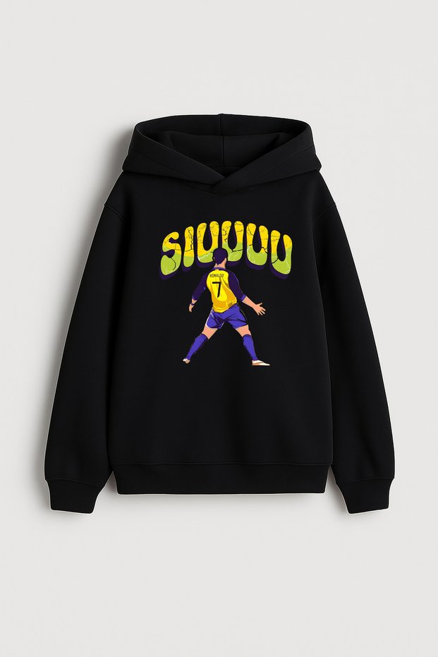 Football Player Ronaldo Printed Boys' Black Hooded Sweatshirt Hoodie