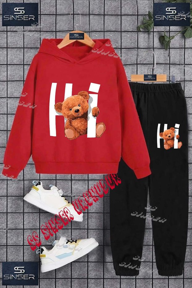 Children's Unisex Printed Hoodie and Sweatpants Set with the Text "Hi Bear in the Side Text".