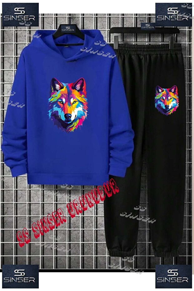 Children's Unisex Printed Hooded Tracksuit Set with the Text: "Wolf Painted Colorful Head"