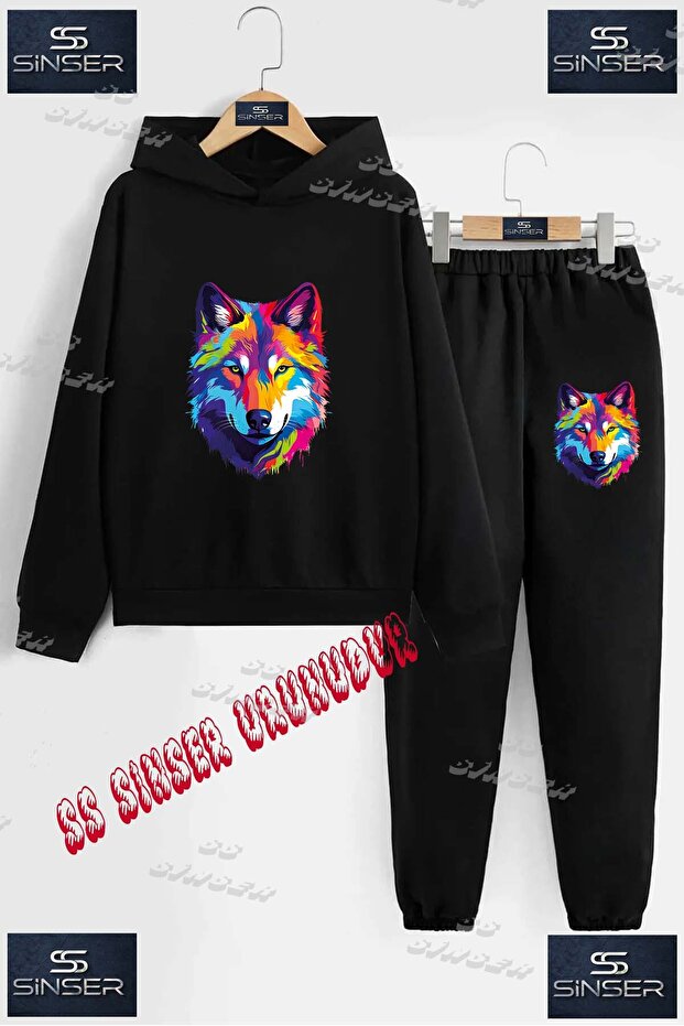 Children's Unisex Printed Hooded Tracksuit Set with the Text: "Wolf Painted Colorful Head"