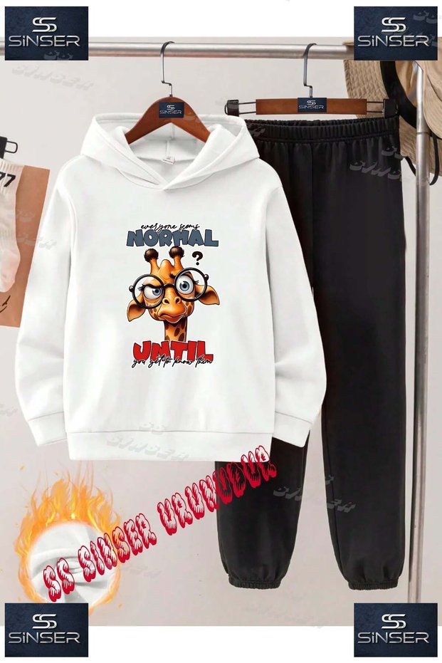 Children's Unisex Printed Hooded Tracksuit Set with the Text "Zurafa Mormal Unitel Yazi"
