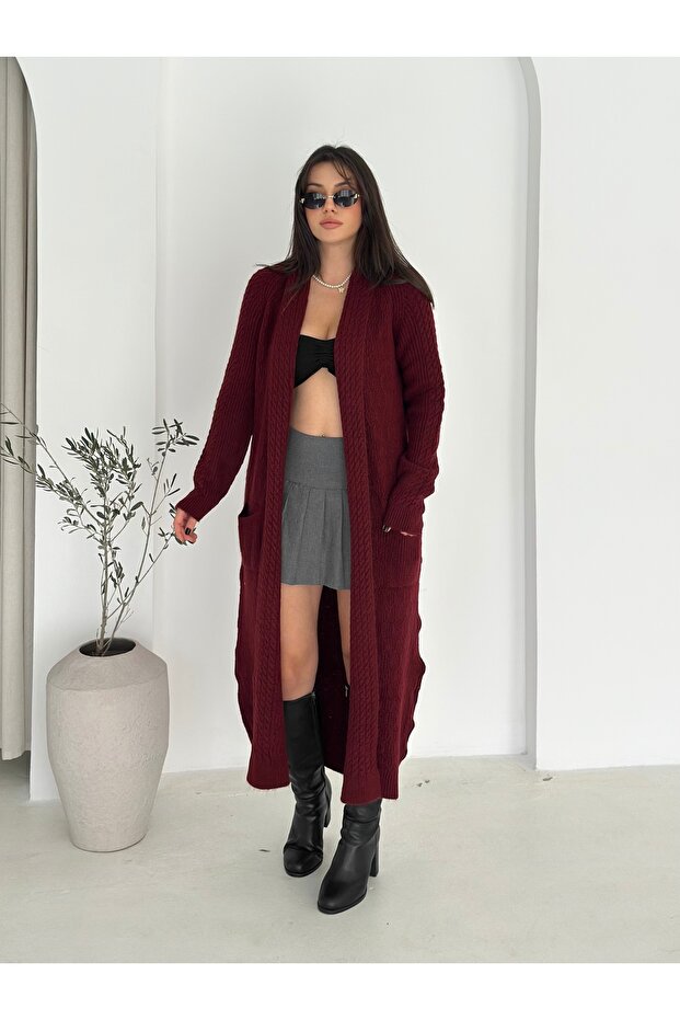 Double Pocket Shawl Collar Long Knitwear Fabric Cardigan
