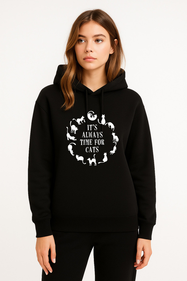 Cat Cat Printed Women's Black Hooded Sweatshirt Hoodie