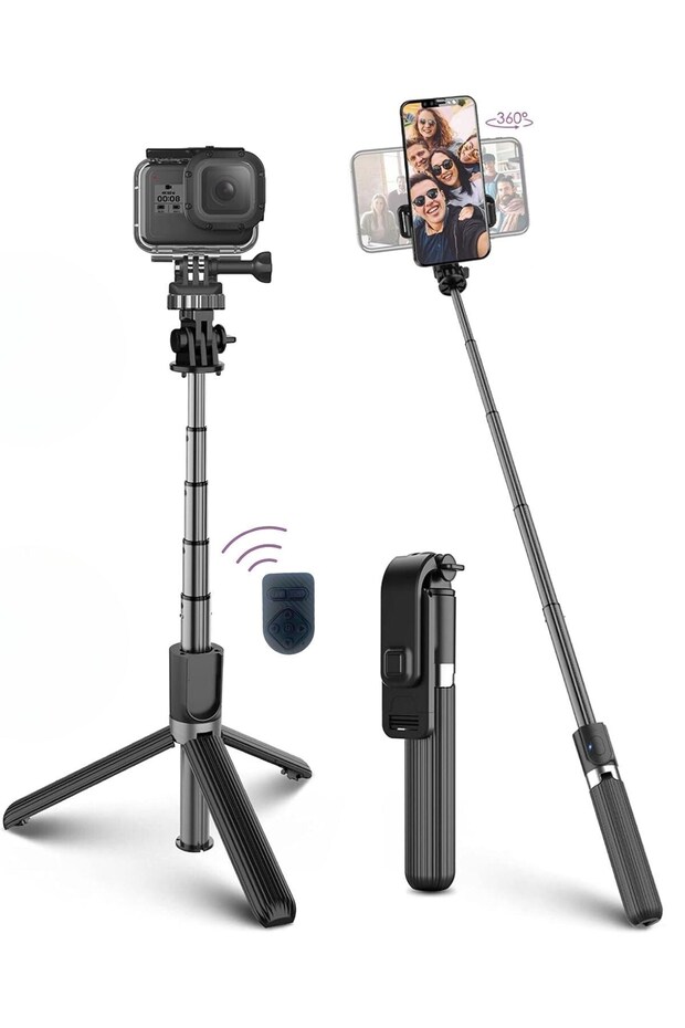 2 in 1 2.2m Extending Selfie Stick with Remote Control Tri with Camera and Phone Attachment - 1