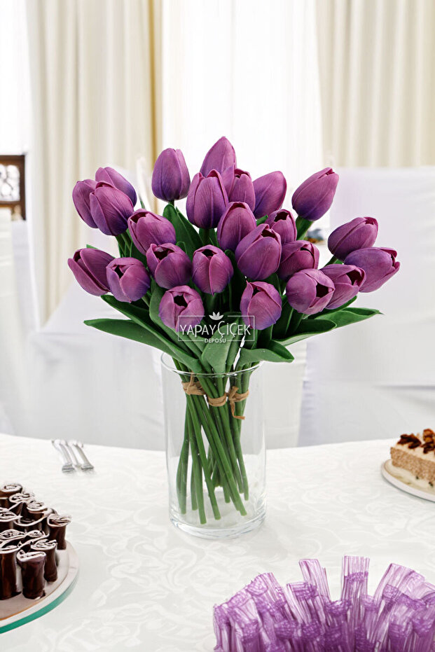Yapay 8li Islak Lale Buketi Gerçek Doku Ebruli Mor - 1