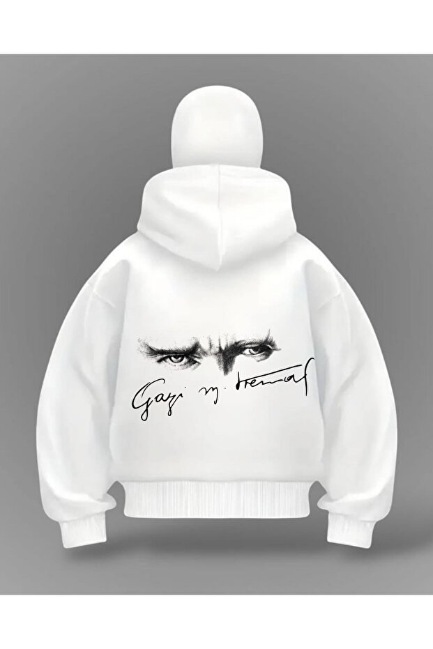 White Kemal Atatürk See Printed Balaclava Oversized Sweatshirt Cardigan