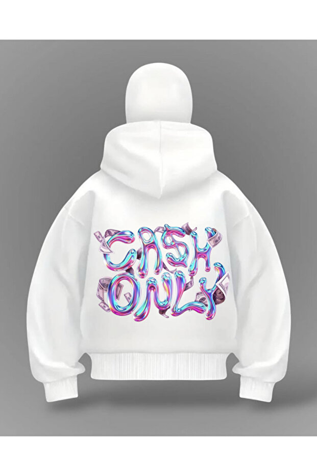 White Cash Only Printed Balaclava Oversized Sweatshirt Cardigan