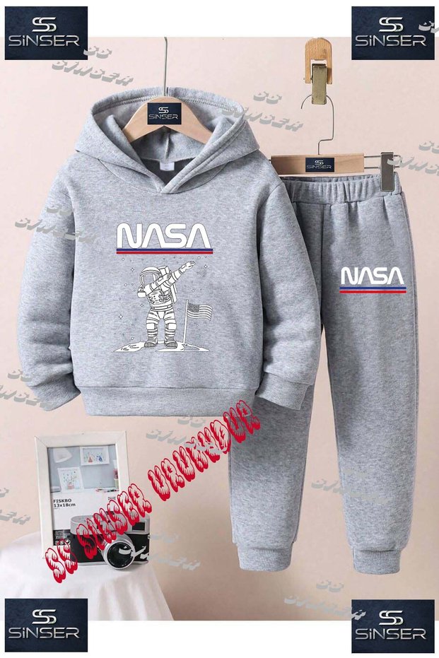 Children's Unisex Hooded Tracksuit Set with the Print of "Astronaut Beyz Ust Nasa Yazi"