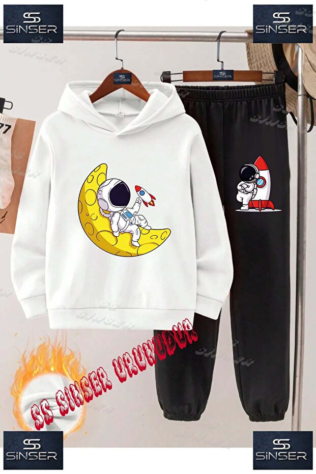 Children's Unisex Printed Hooded Tracksuit Set with the Text: "Astronaut Reaching for the Yellow Moon".