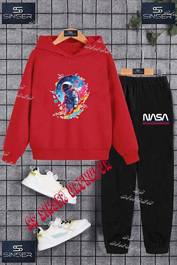 Children's Unisex Printed Hooded Tracksuit Set with a Colorful Pattern of an Astronaut and a Circle