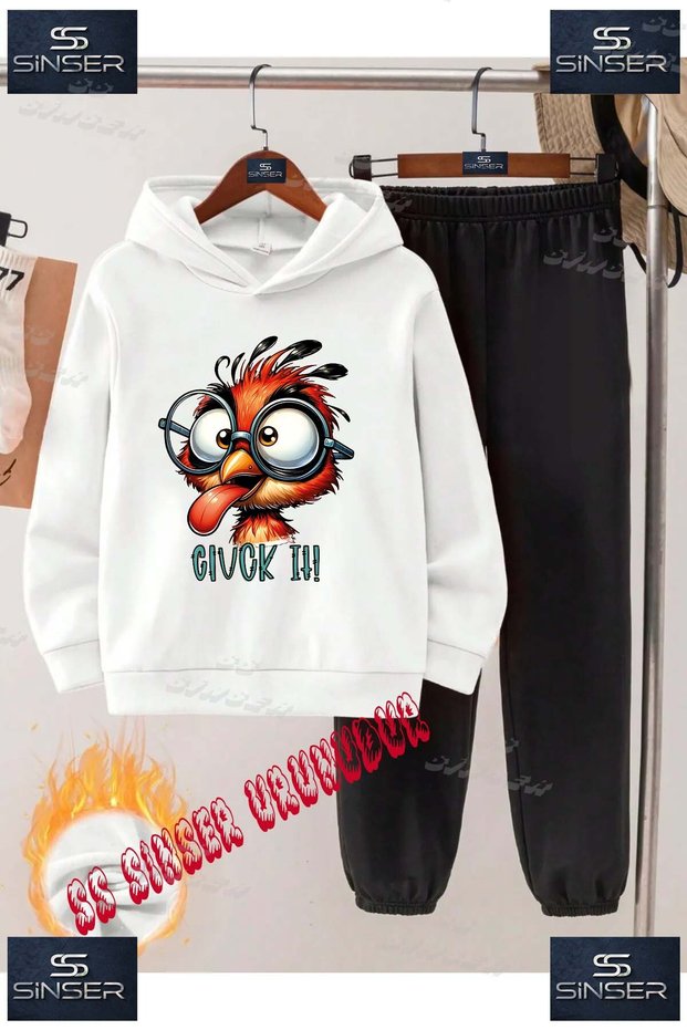 Children's Unisex Printed Hooded Tracksuit Set with the Words "Kus Civck Gozluklu" Printed on It.