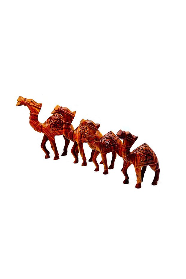 Handmade Wooden Camel Figurines, Decorative Animal Sculptures Set of 4, Natural Wood,