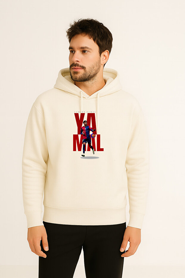 Football Player Yamal Printed Men's Ecru Hooded Sweatshirt Hoodie