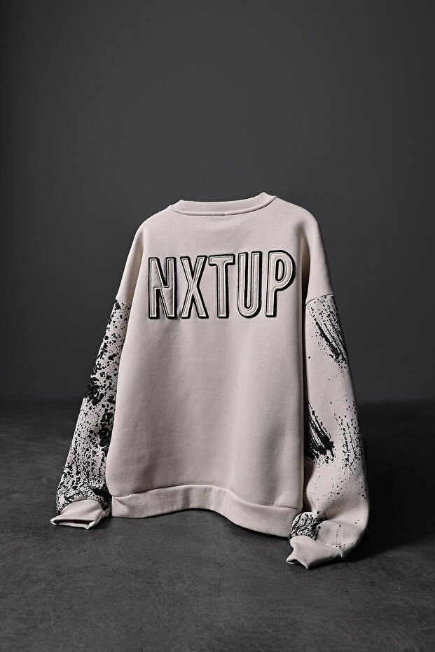 Men's Beige Nxtup Embroidered Sleeve Detail Oversize Sweatshirt