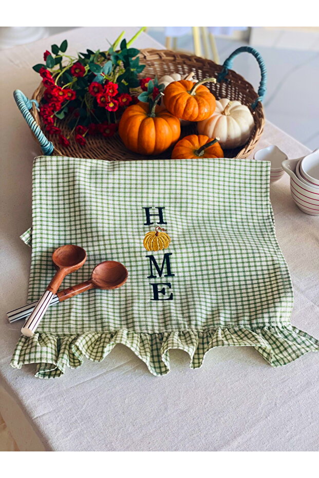 Green Gingham Ruffle Detailed Embroidered Kitchen Towel