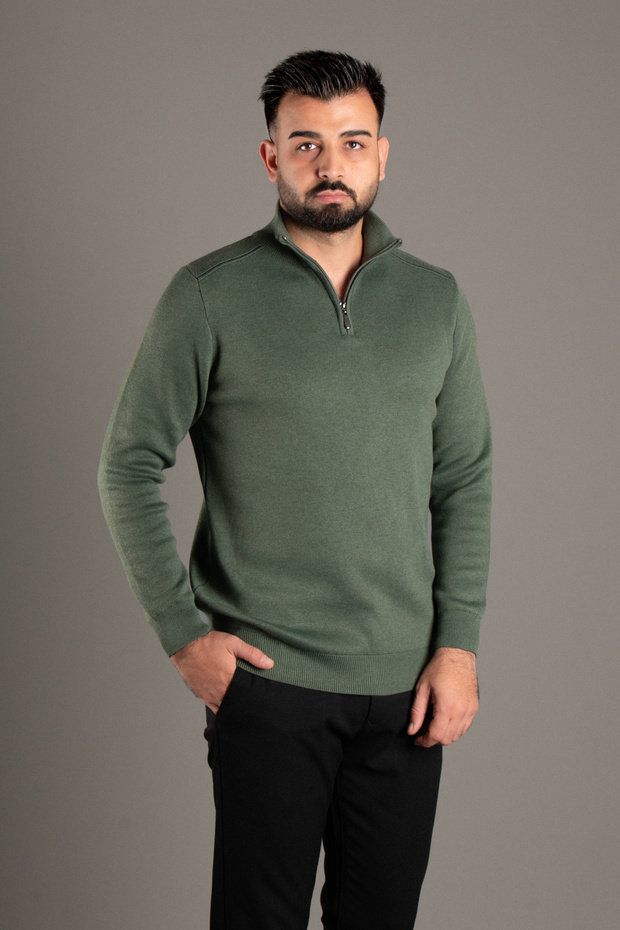 Men's Khaki Zippered Stand-Up Collar Knitwear
